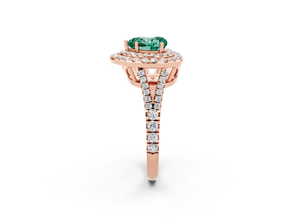Rose gold Heart Cut Green Sapphire Double Halo Ring with Pavé Band and Prong Setting