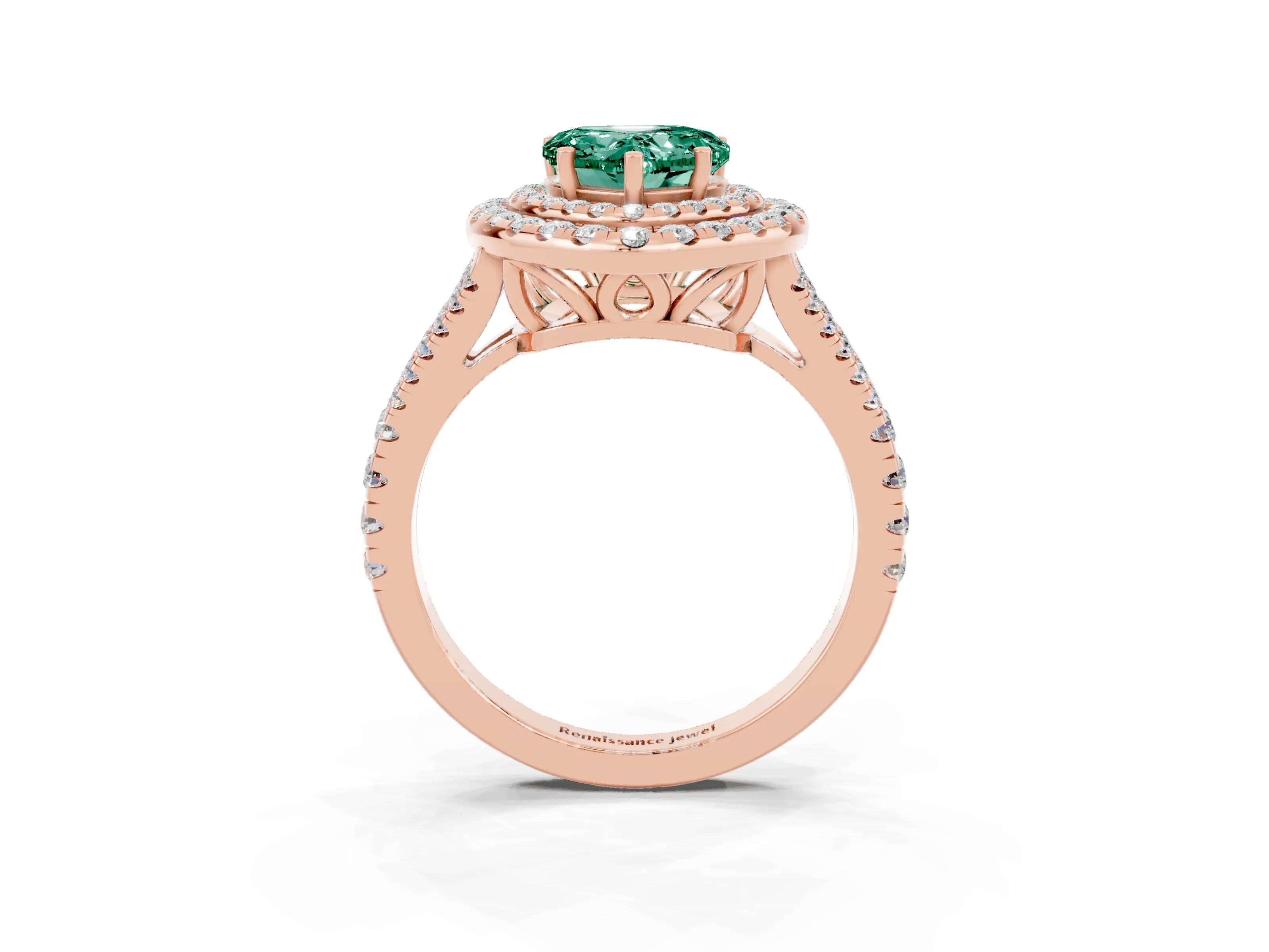 Rose gold Heart Cut Green Sapphire Double Halo Ring with Pavé Band and Prong Setting_15