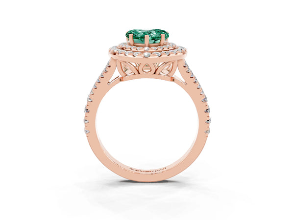 Rose gold Heart Cut Green Sapphire Double Halo Ring with Pavé Band and Prong Setting