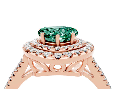 Rose gold Heart Cut Green Sapphire Double Halo Ring with Pavé Band and Prong Setting_16