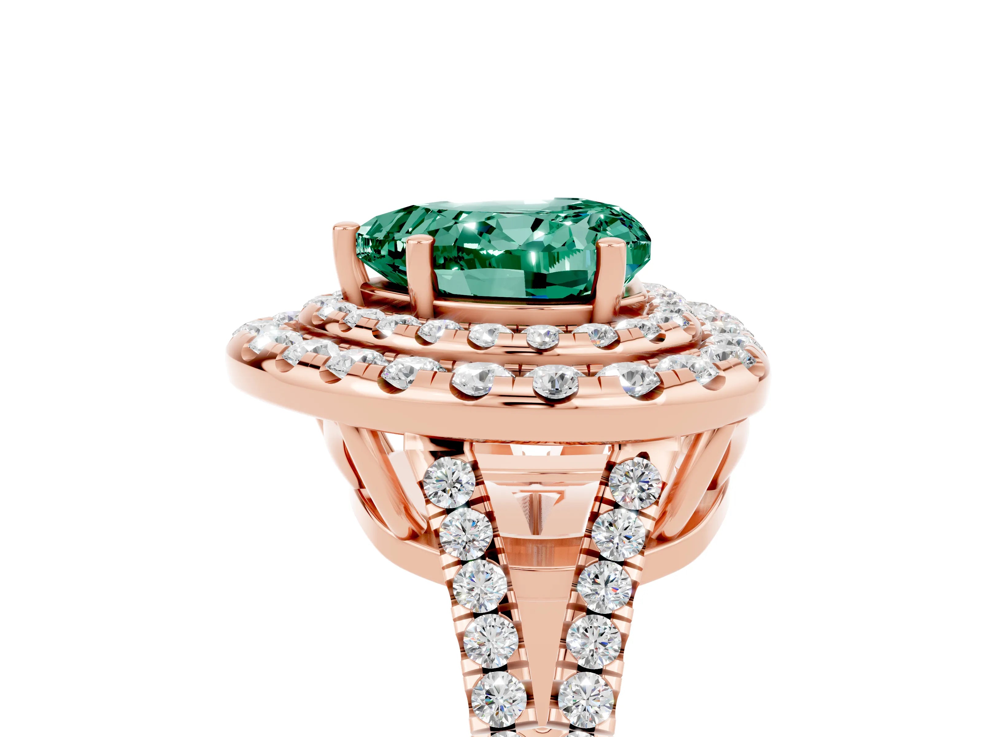 Rose gold Heart Cut Green Sapphire Double Halo Ring with Pavé Band and Prong Setting_17