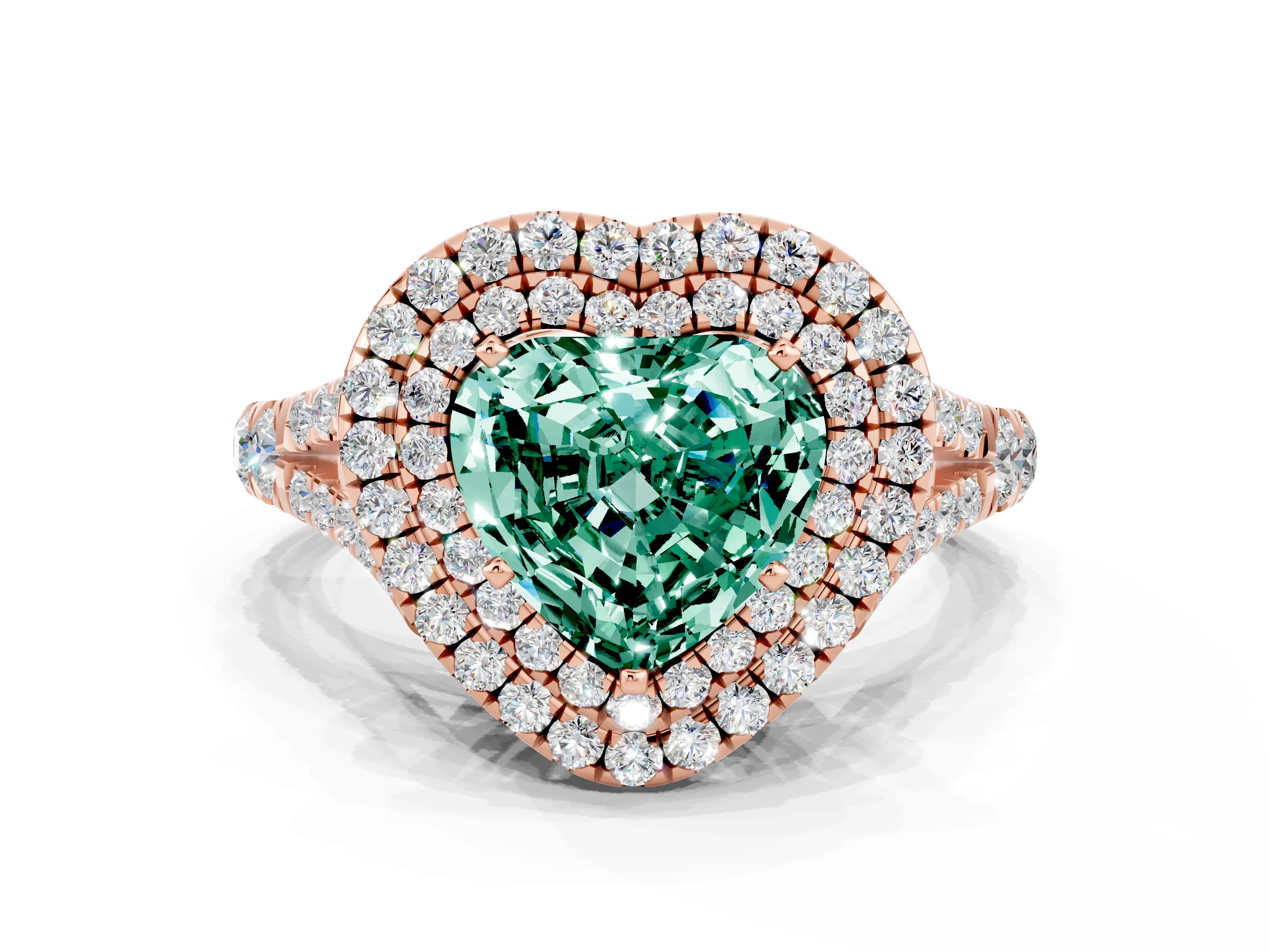 Rose gold Heart Cut Green Sapphire Double Halo Ring with Split Shank and Prong Setting_12
