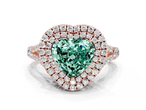 Rose gold Heart Cut Green Sapphire Double Halo Ring with Split Shank and Prong Setting