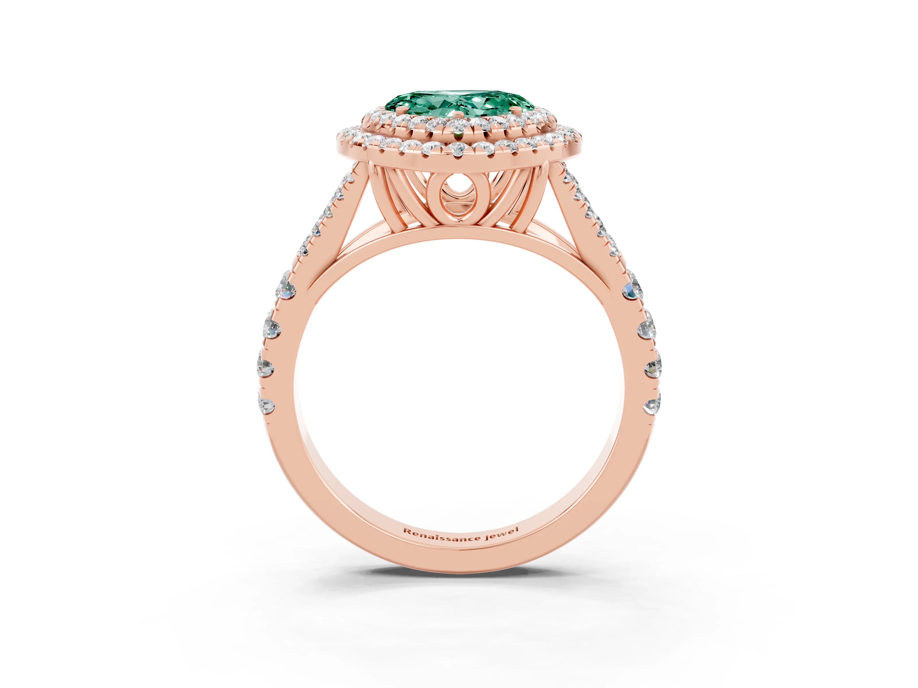 Rose gold Heart Cut Green Sapphire Double Halo Ring with Split Shank and Prong Setting_15