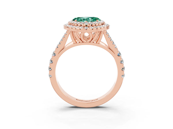 Rose gold Heart Cut Green Sapphire Double Halo Ring with Split Shank and Prong Setting