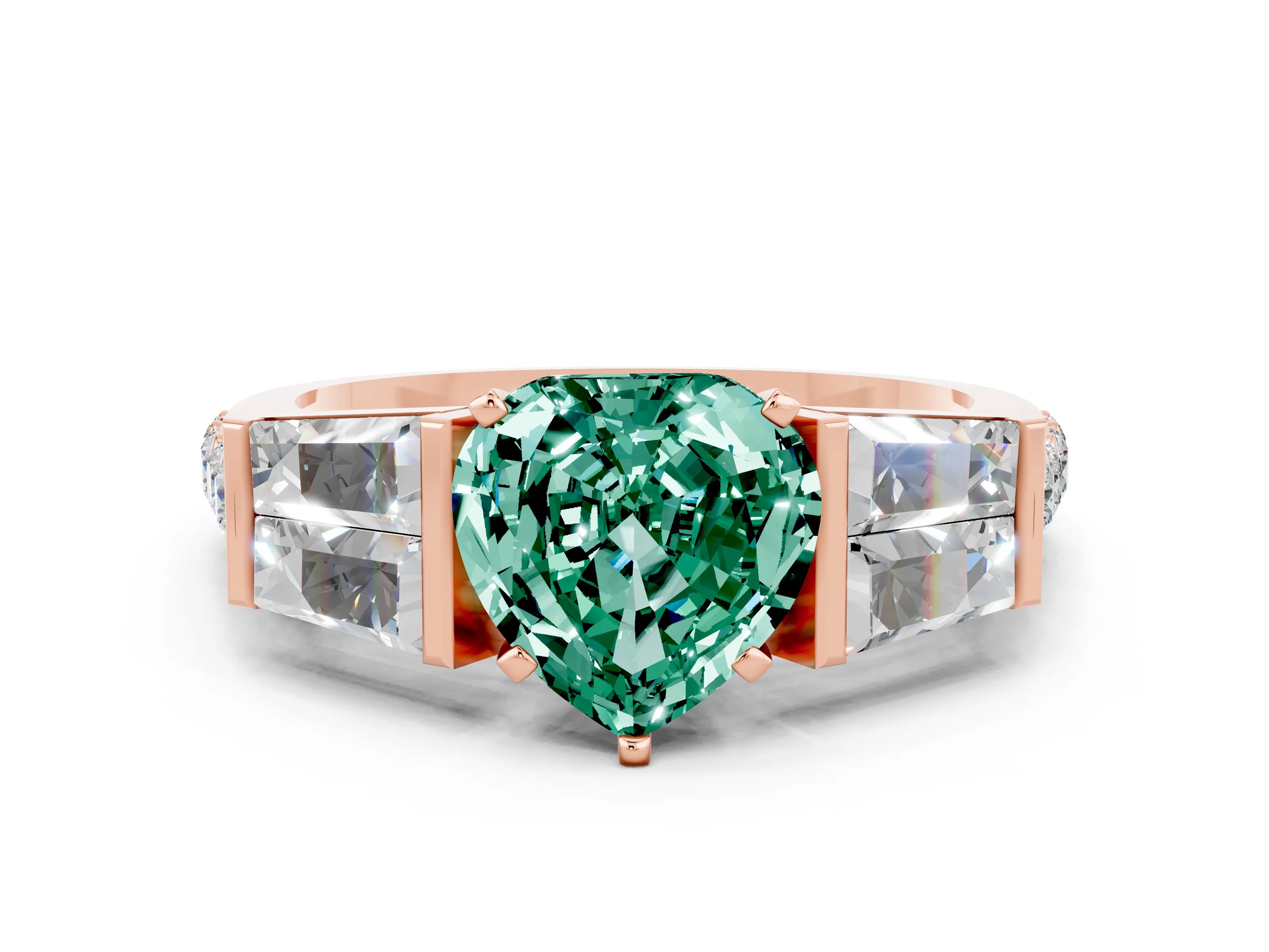 Rose gold Heart Cut Green Sapphire Engagement Ring with Baguette Side Stones and Channel Set Band