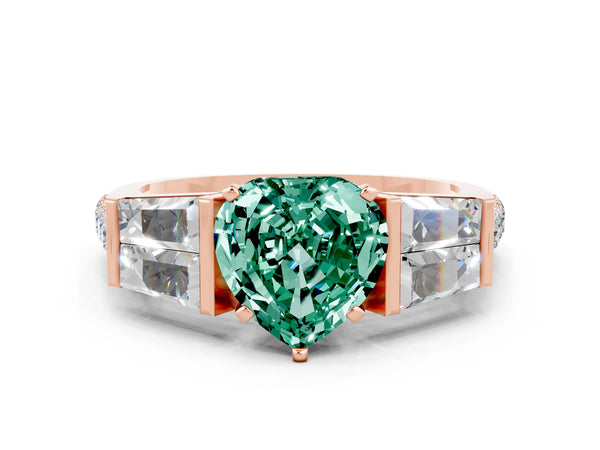Rose gold Heart Cut Green Sapphire Engagement Ring with Baguette Side Stones and Channel Set Band