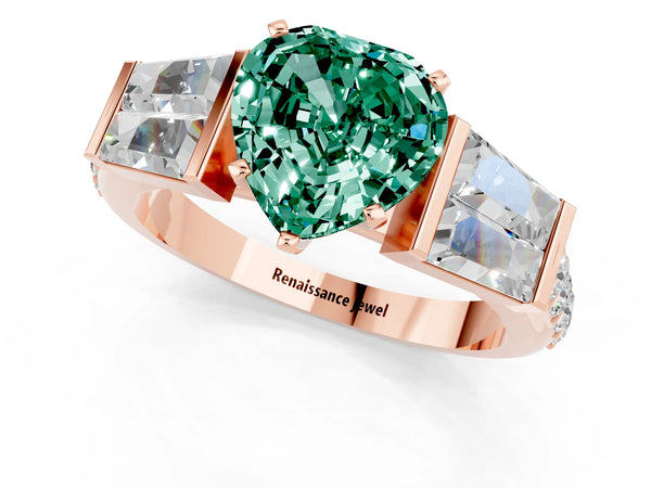 Rose gold Heart Cut Green Sapphire Engagement Ring with Baguette Side Stones and Channel Set Band