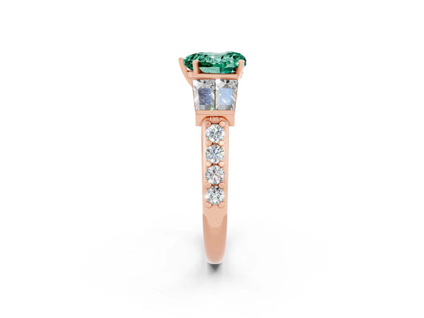 Rose gold Heart Cut Green Sapphire Engagement Ring with Baguette Side Stones and Channel Set Band