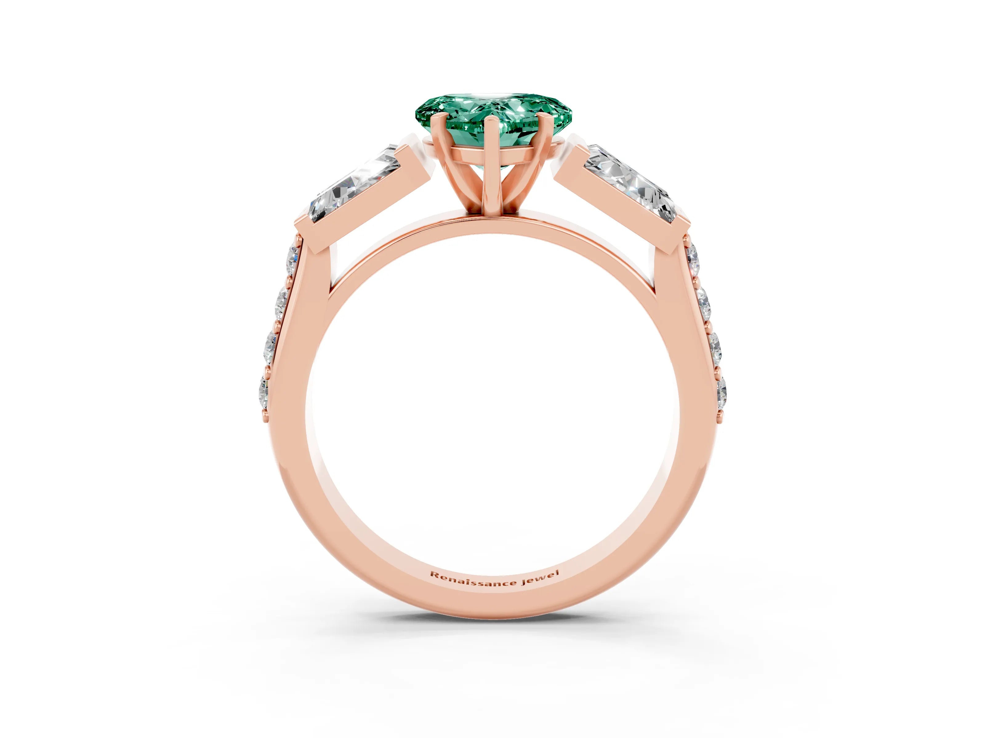 Rose gold Heart Cut Green Sapphire Engagement Ring with Baguette Side Stones and Channel Set Band_3