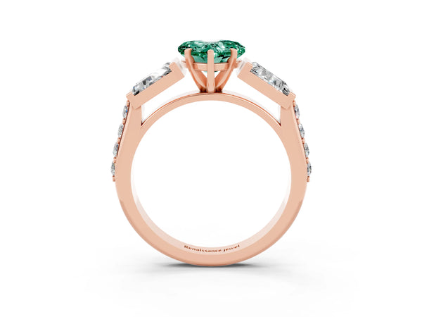 Rose gold Heart Cut Green Sapphire Engagement Ring with Baguette Side Stones and Channel Set Band