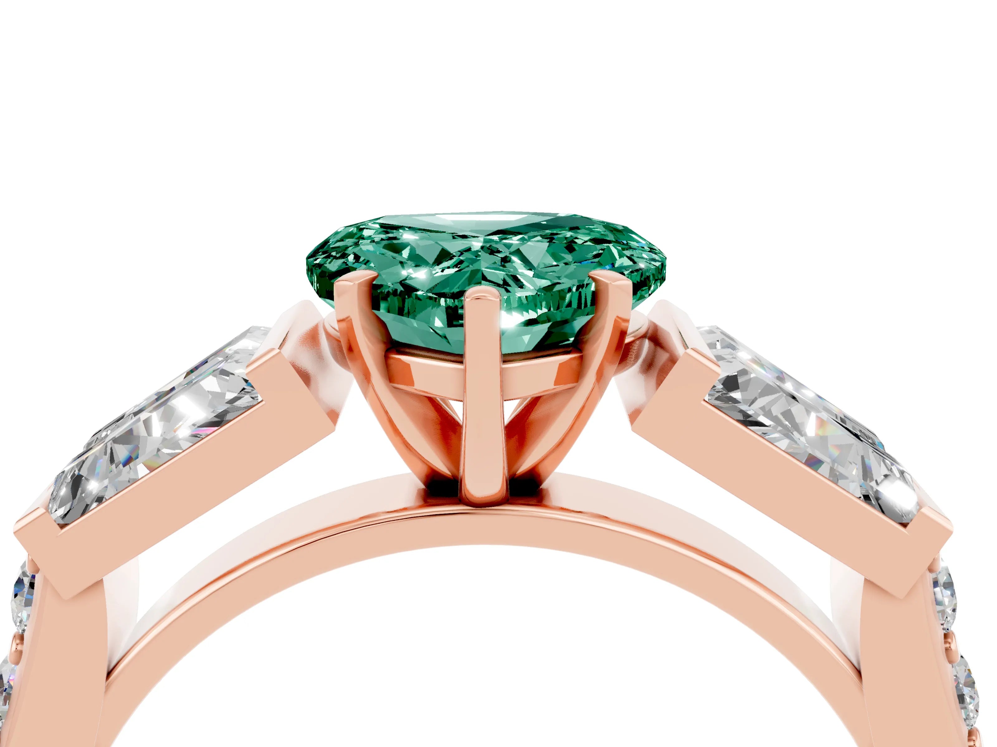 Rose gold Heart Cut Green Sapphire Engagement Ring with Baguette Side Stones and Channel Set Band_4