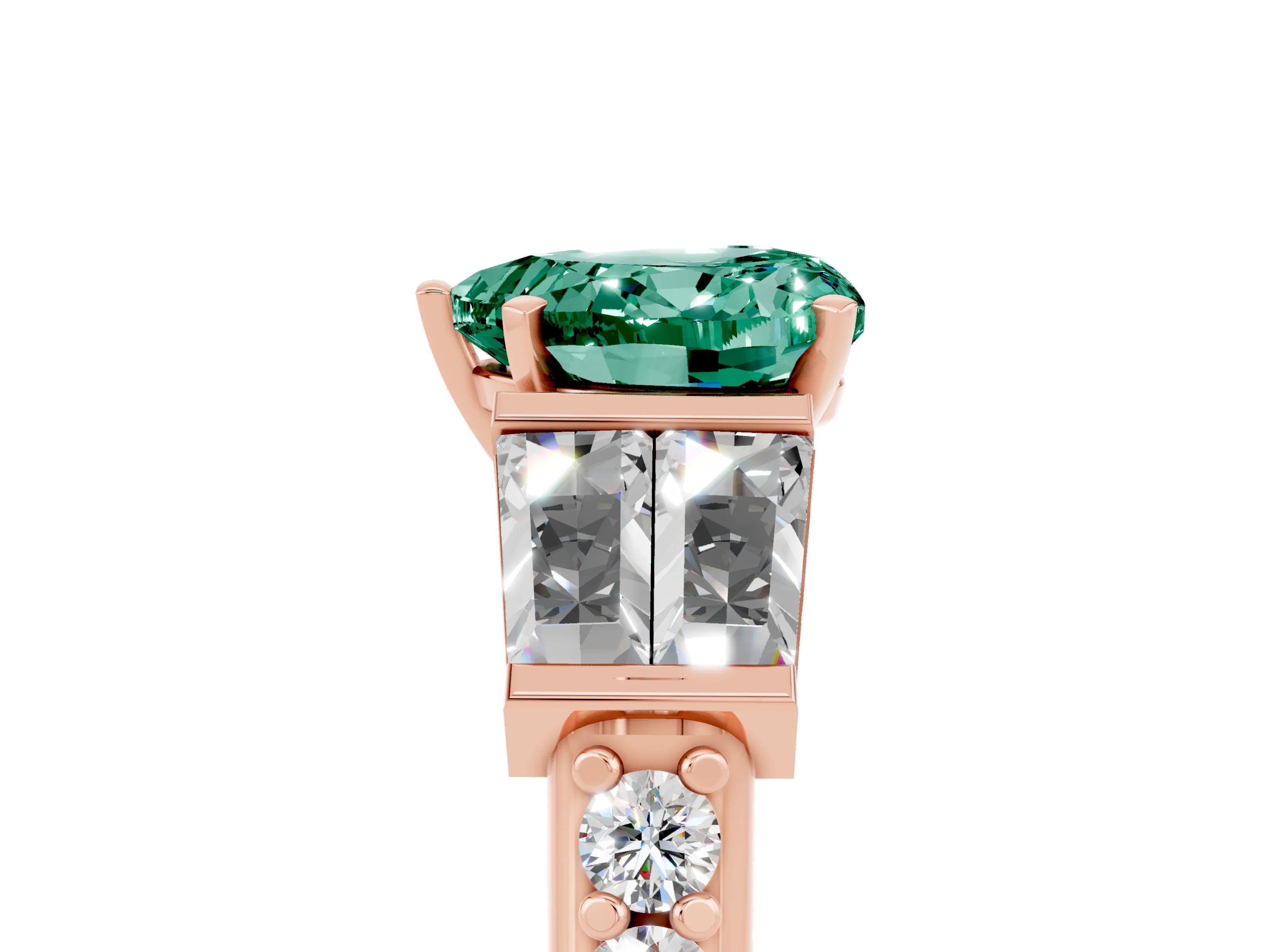 Rose gold Heart Cut Green Sapphire Engagement Ring with Baguette Side Stones and Channel Set Band_5