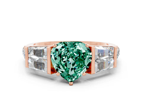 Rose gold Heart Cut Green Sapphire Engagement Ring with Baguette Side Stones and Channel Set Band