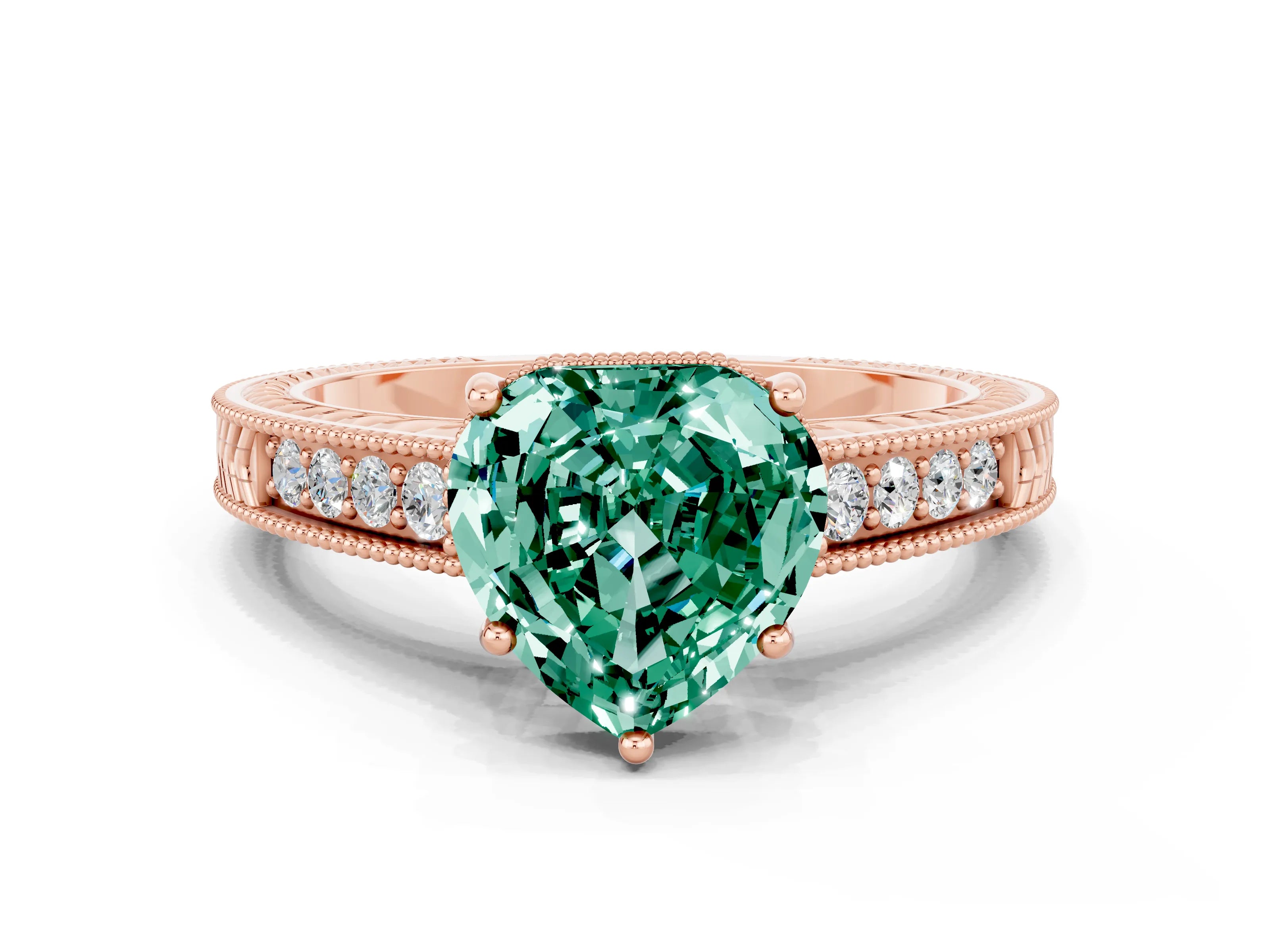 Rose gold Heart Cut Green Sapphire Engagement Ring with Milgrain Channel Set Band and Prong Setting