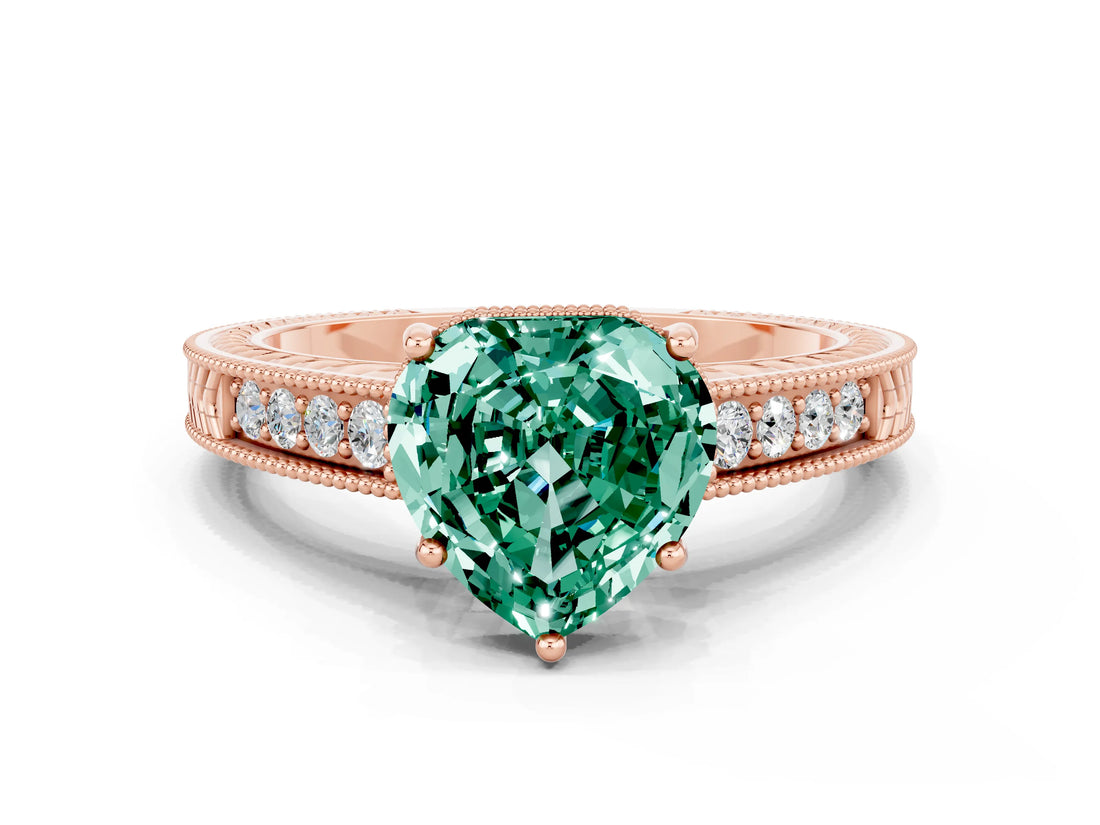 Rose gold Heart Cut Green Sapphire Engagement Ring with Milgrain Channel Set Band and Prong Setting
