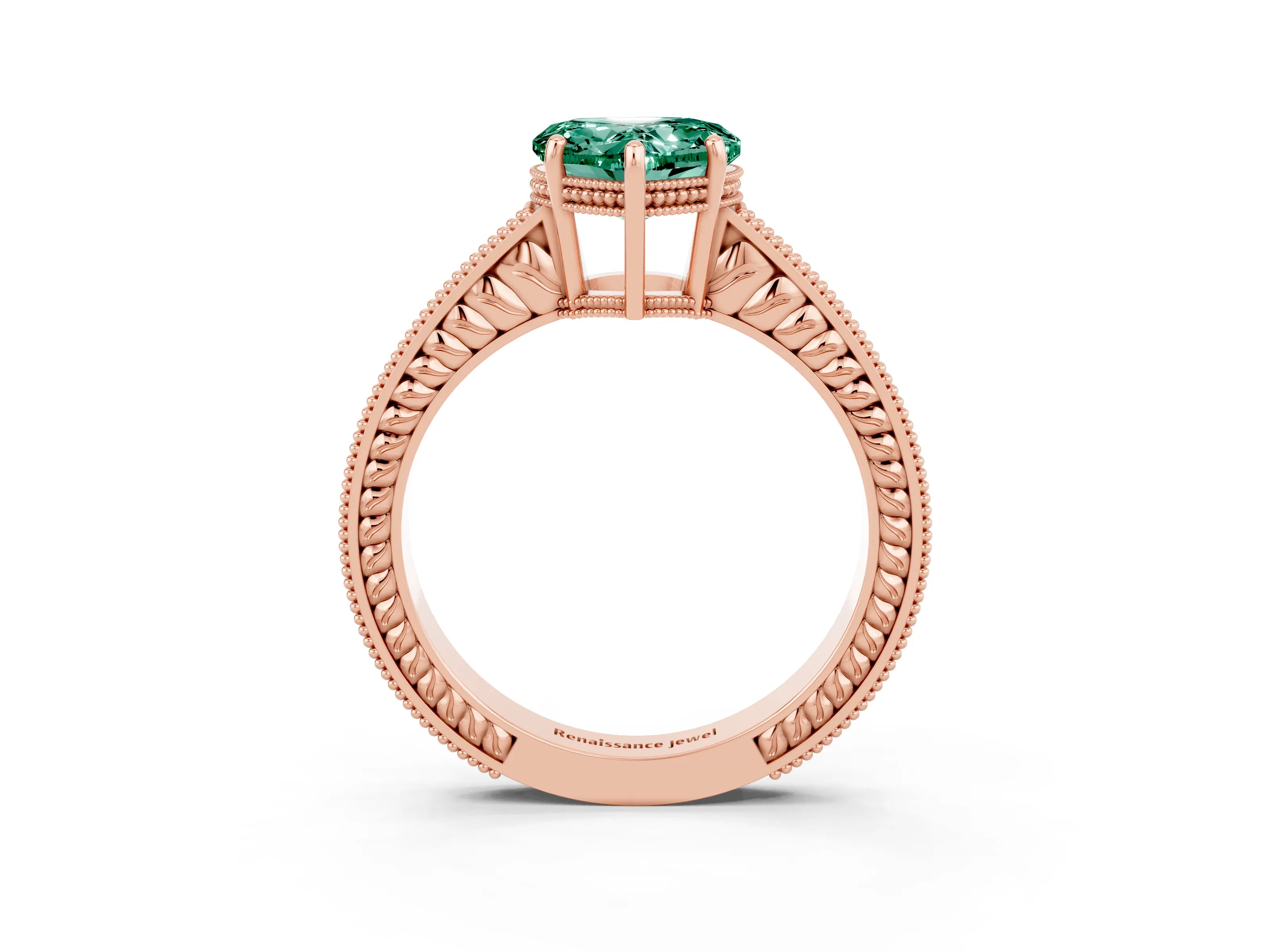 Rose gold Heart Cut Green Sapphire Engagement Ring with Milgrain Channel Set Band and Prong Setting_3