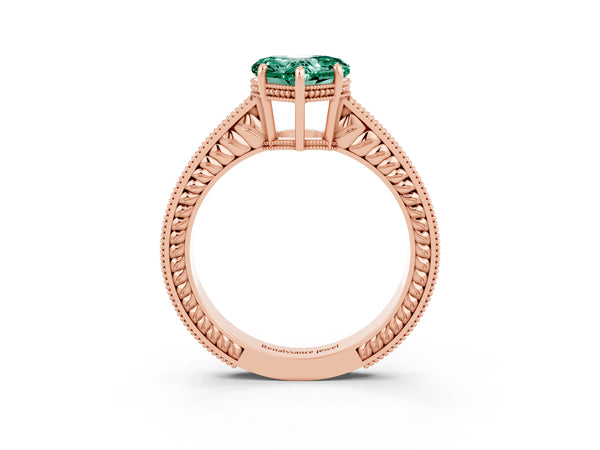 Rose gold Heart Cut Green Sapphire Engagement Ring with Milgrain Channel Set Band and Prong Setting