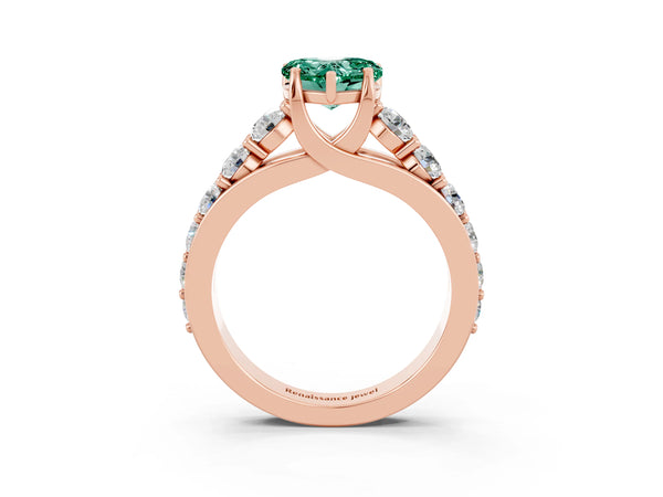 Rose gold Heart Cut Green Sapphire Engagement Ring with Pavé Band and Four-Prong Setting