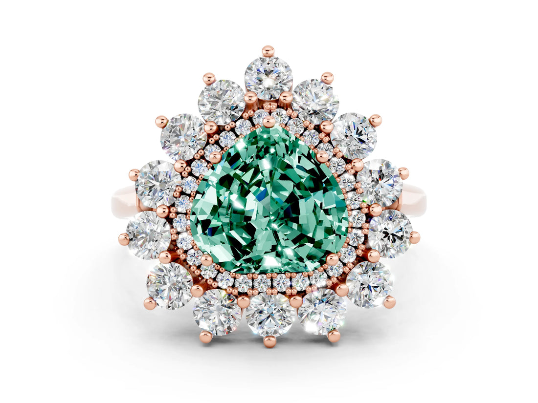 Rose gold Heart Cut Green Sapphire Floral Double Halo Engagement Ring with Prong Setting_60