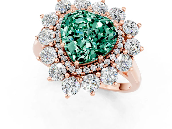 Rose gold Heart Cut Green Sapphire Floral Double Halo Engagement Ring with Prong Setting
