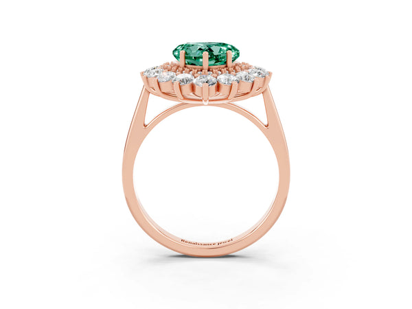Rose gold Heart Cut Green Sapphire Floral Double Halo Engagement Ring with Prong Setting