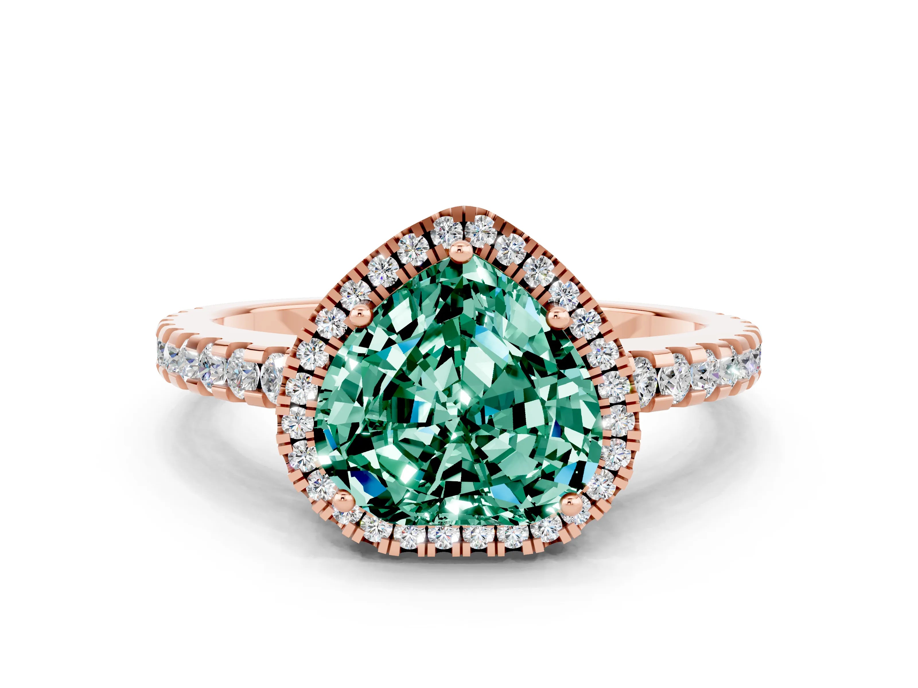 Rose gold Heart Cut Green Sapphire Halo Engagement Ring with Pavé Band and Prong Setting_12