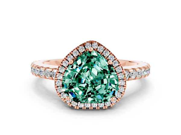 Rose gold Heart Cut Green Sapphire Halo Engagement Ring with Pavé Band and Prong Setting