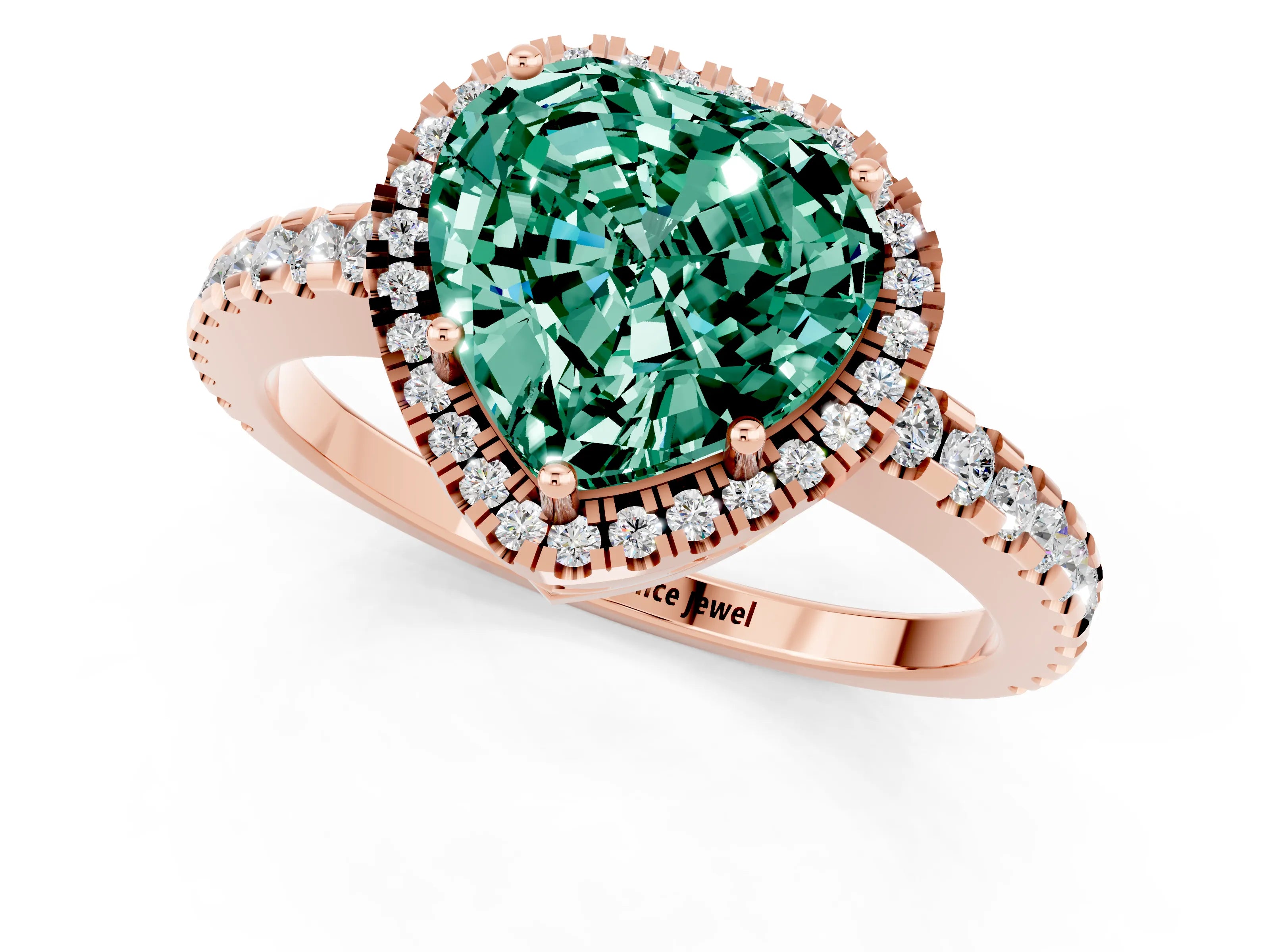 Rose gold Heart Cut Green Sapphire Halo Engagement Ring with Pavé Band and Prong Setting_13