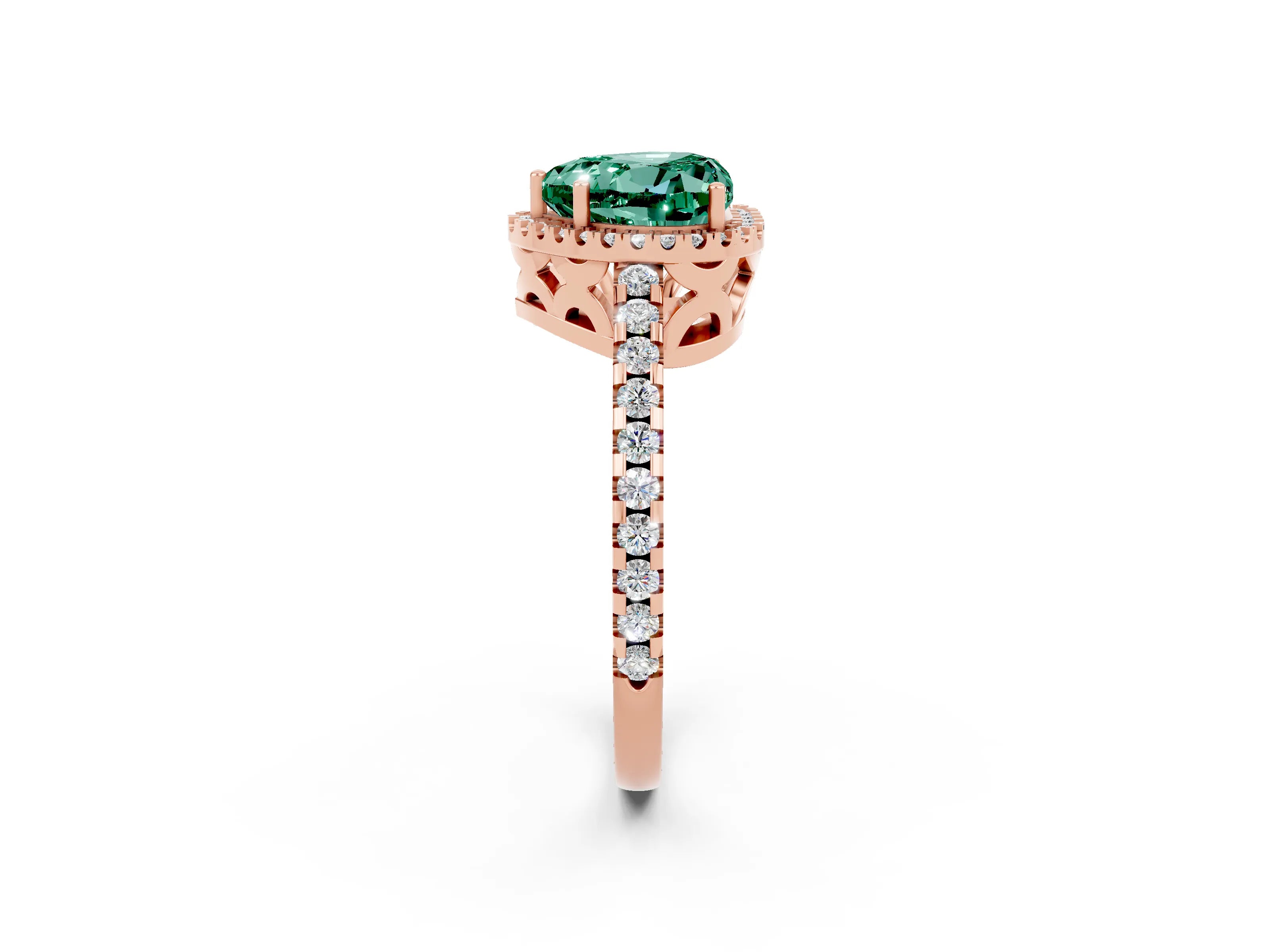 Rose gold Heart Cut Green Sapphire Halo Engagement Ring with Pavé Band and Prong Setting_14