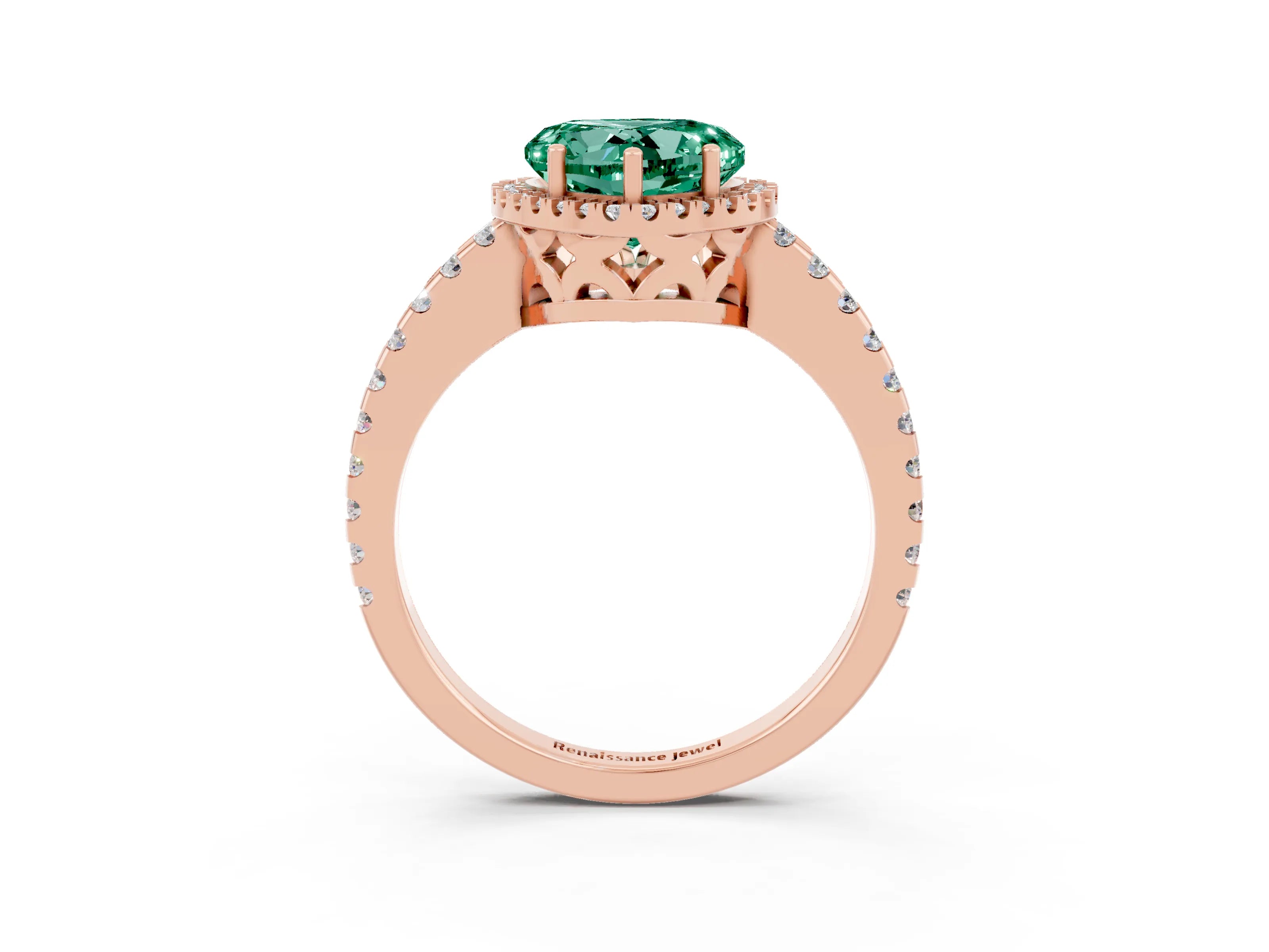Rose gold Heart Cut Green Sapphire Halo Engagement Ring with Pavé Band and Prong Setting_15