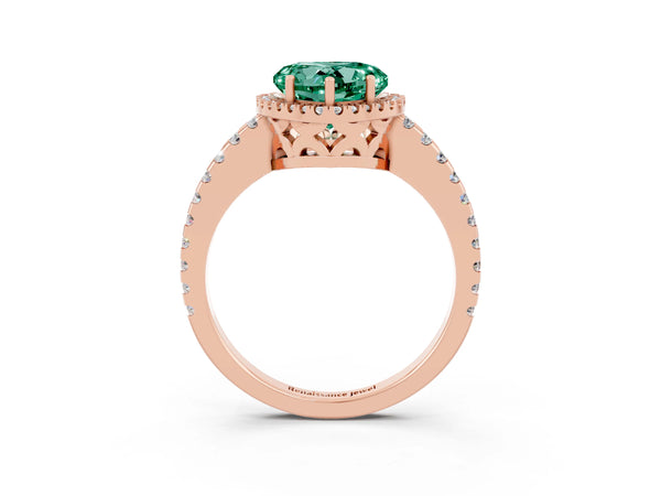 Rose gold Heart Cut Green Sapphire Halo Engagement Ring with Pavé Band and Prong Setting