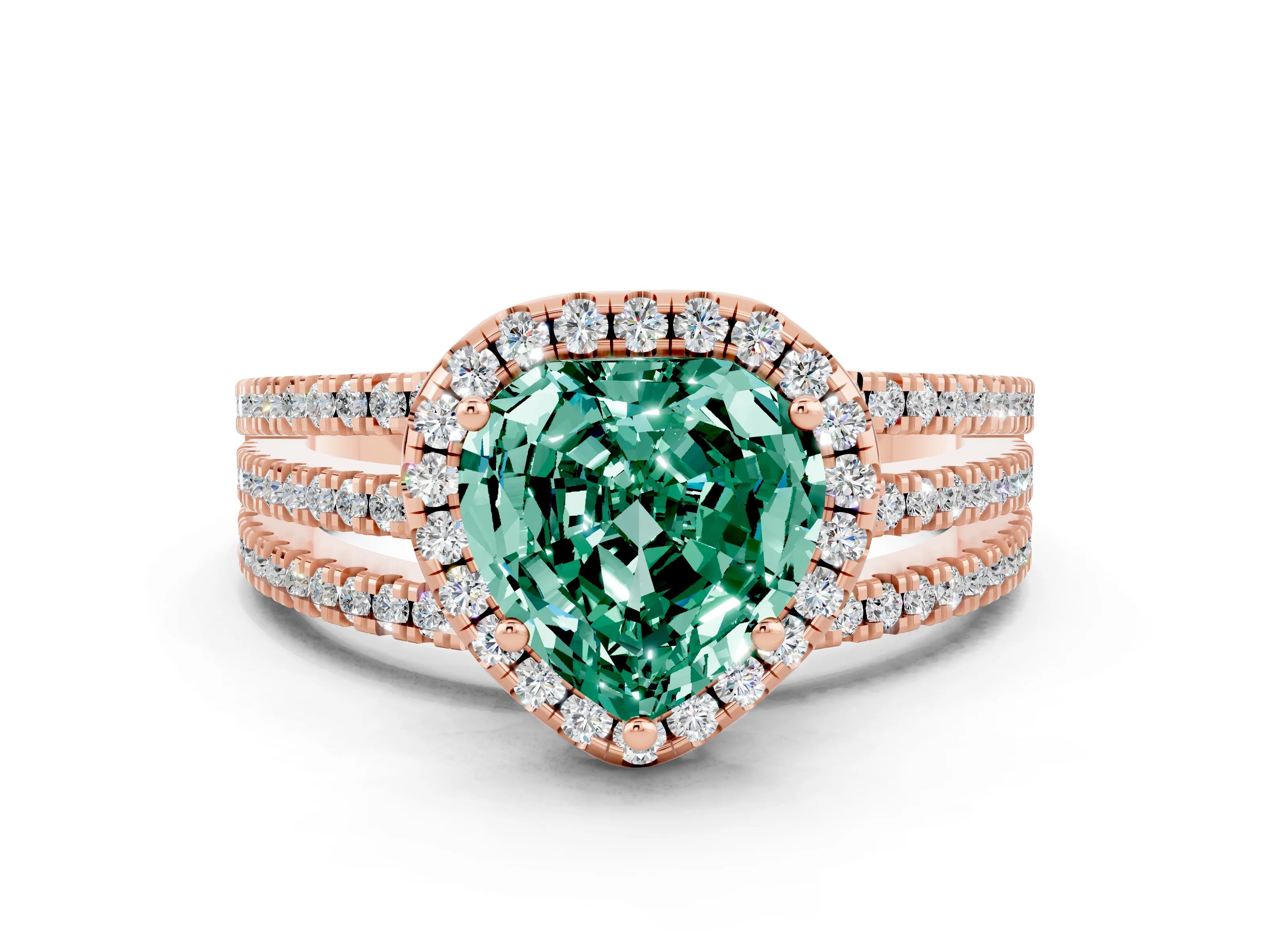 Rose gold Heart Cut Green Sapphire Halo Engagement Ring with Split Shank and Four-Prong Setting