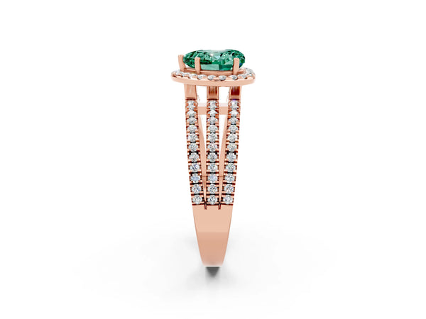 Rose gold Heart Cut Green Sapphire Halo Engagement Ring with Split Shank and Four-Prong Setting
