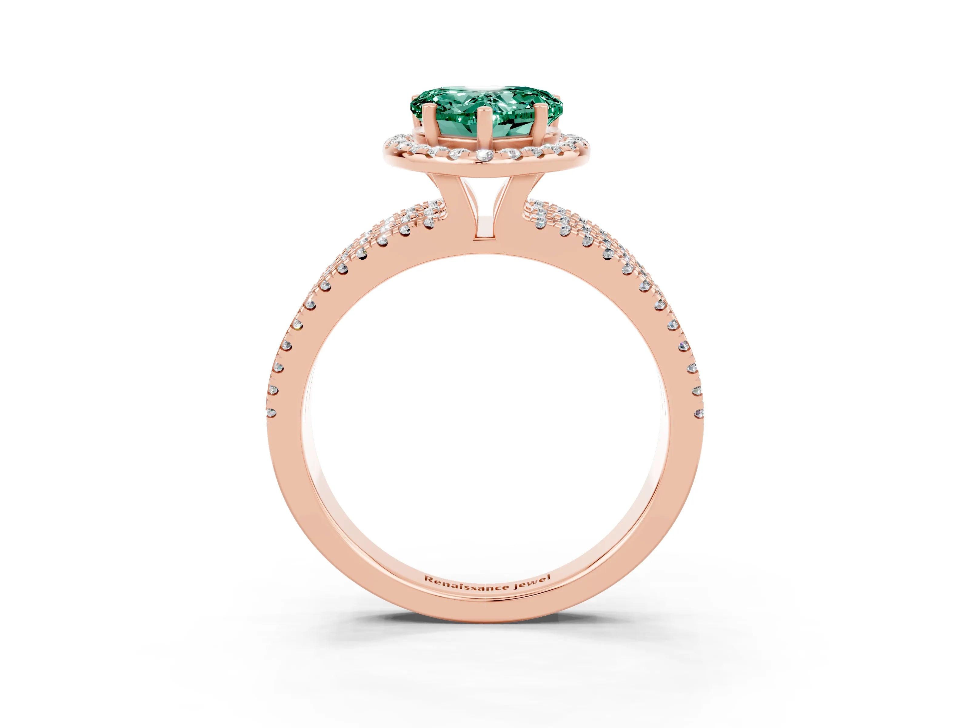 Rose gold Heart Cut Green Sapphire Halo Engagement Ring with Split Shank and Four-Prong Setting_3
