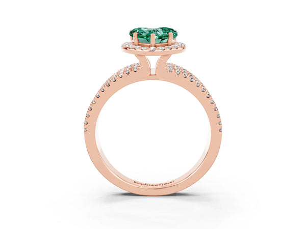 Rose gold Heart Cut Green Sapphire Halo Engagement Ring with Split Shank and Four-Prong Setting