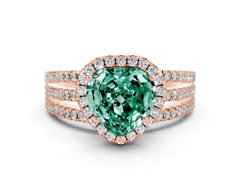 Rose gold Heart Cut Green Sapphire Halo Engagement Ring with Split Shank and Four-Prong Setting