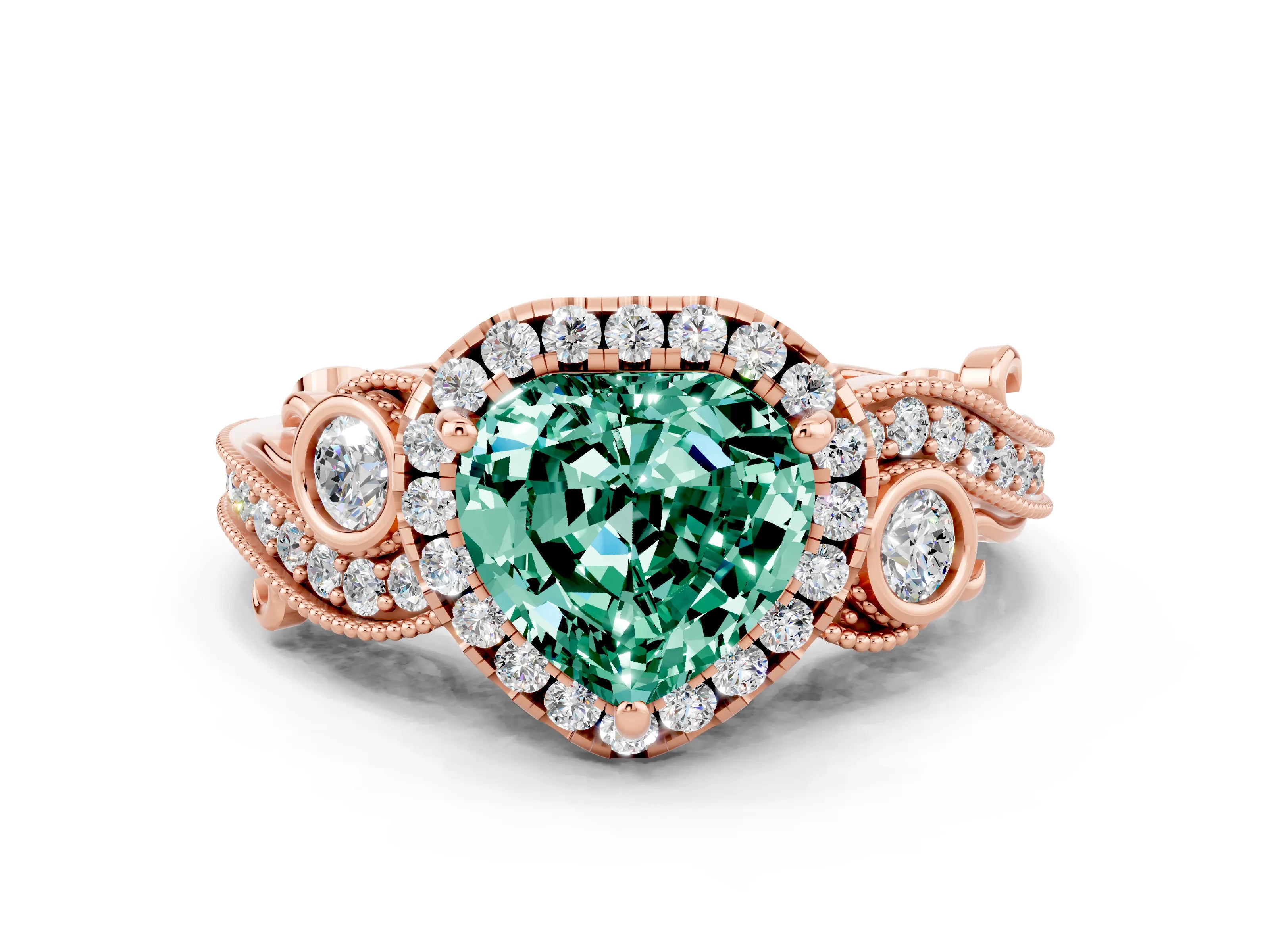 Rose gold Heart Cut Green Sapphire Halo Ring with Milgrain Pavé Band and Four-Prong Setting_12