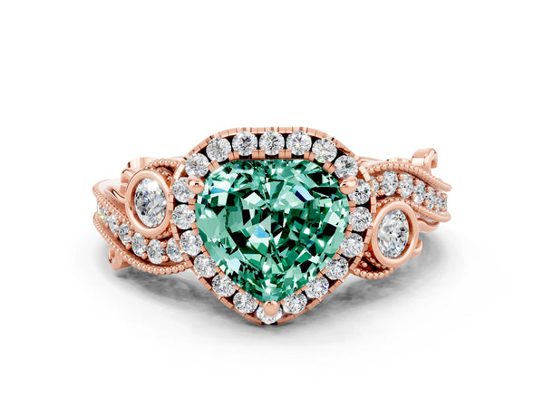Rose gold Heart Cut Green Sapphire Halo Ring with Milgrain Pavé Band and Four-Prong Setting
