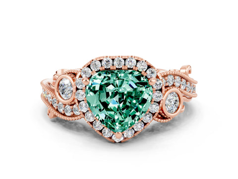 Rose gold Heart Cut Green Sapphire Halo Ring with Milgrain Pavé Band and Four-Prong Setting_12