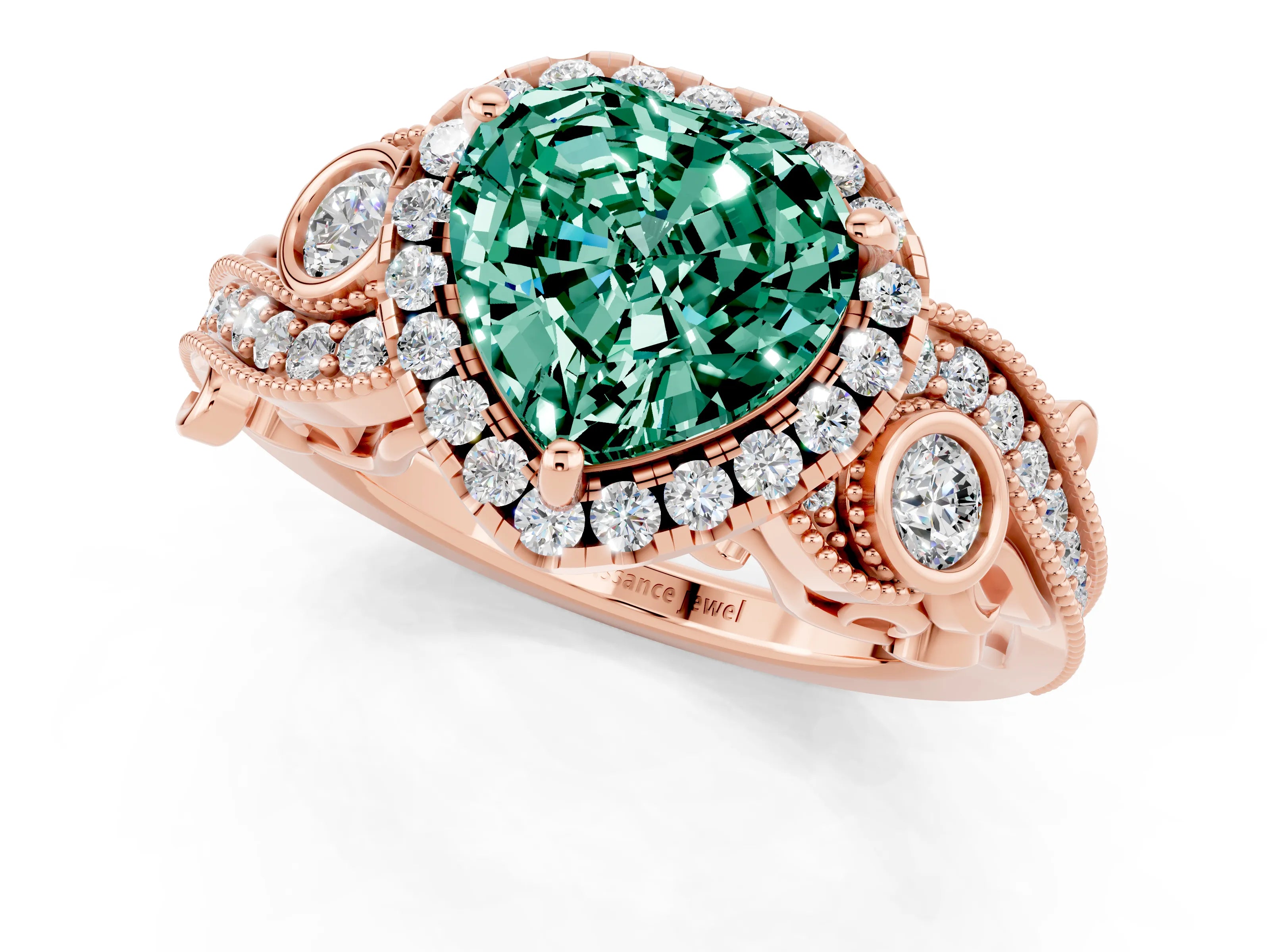 Rose gold Heart Cut Green Sapphire Halo Ring with Milgrain Pavé Band and Four-Prong Setting_13
