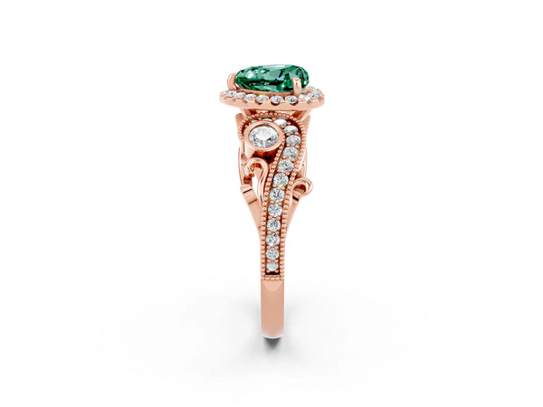 Rose gold Heart Cut Green Sapphire Halo Ring with Milgrain Pavé Band and Four-Prong Setting