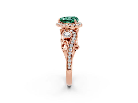 Rose gold Heart Cut Green Sapphire Halo Ring with Milgrain Pavé Band and Four-Prong Setting_14