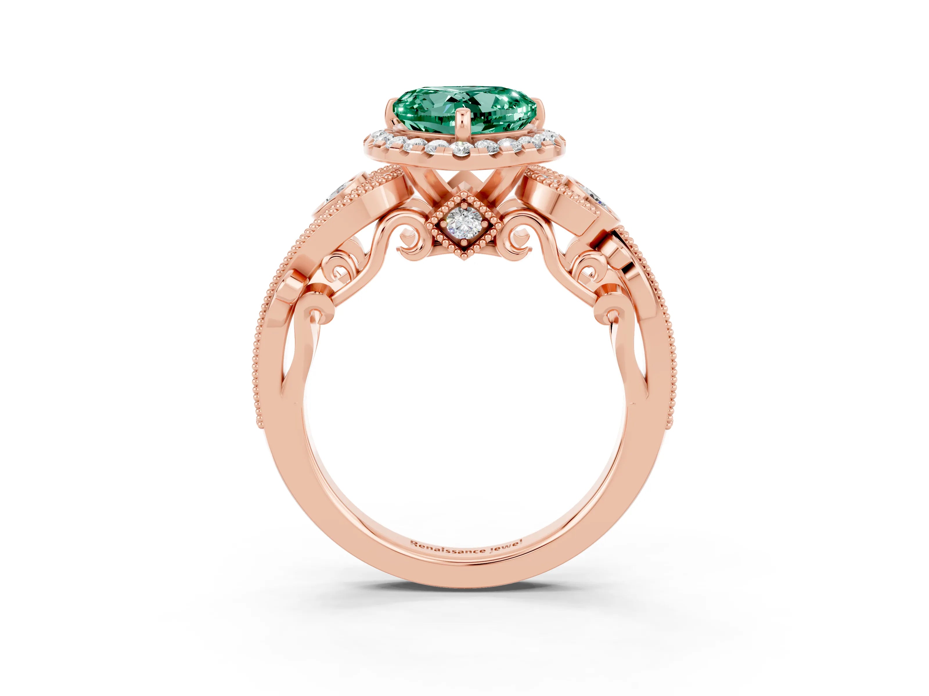 Rose gold Heart Cut Green Sapphire Halo Ring with Milgrain Pavé Band and Four-Prong Setting_15