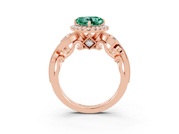 Rose gold Heart Cut Green Sapphire Halo Ring with Milgrain Pavé Band and Four-Prong Setting