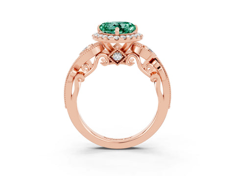Rose gold Heart Cut Green Sapphire Halo Ring with Milgrain Pavé Band and Four-Prong Setting_15