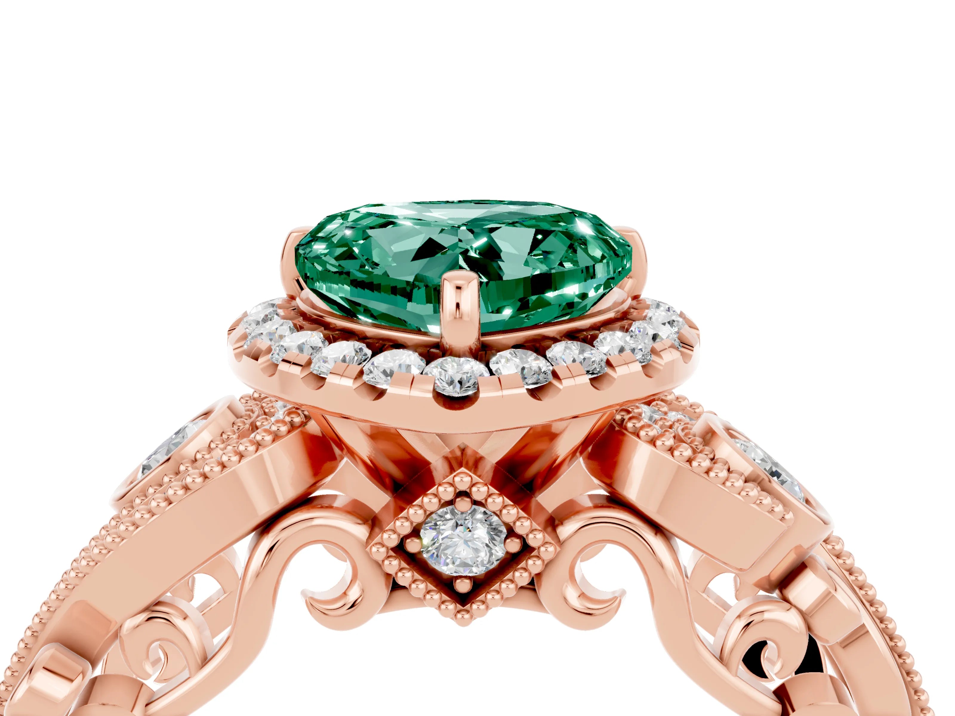 Rose gold Heart Cut Green Sapphire Halo Ring with Milgrain Pavé Band and Four-Prong Setting_16