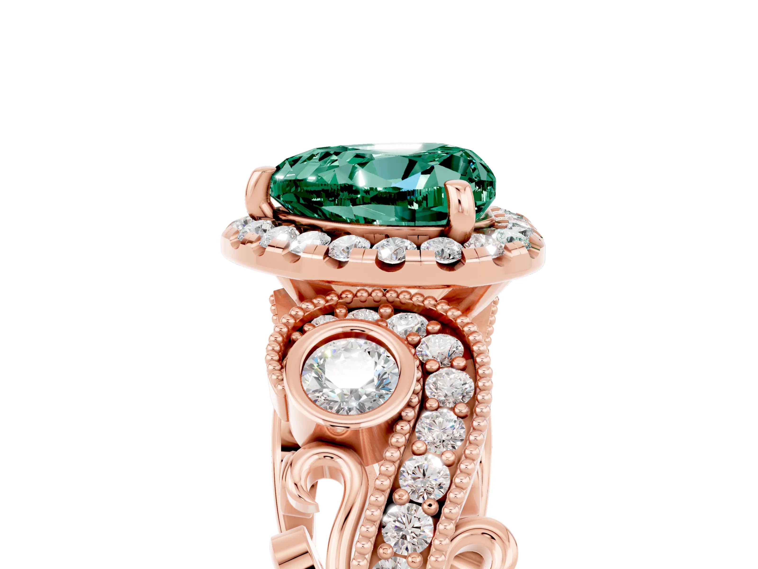Rose gold Heart Cut Green Sapphire Halo Ring with Milgrain Pavé Band and Four-Prong Setting_17