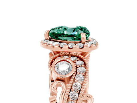 Rose gold Heart Cut Green Sapphire Halo Ring with Milgrain Pavé Band and Four-Prong Setting_17