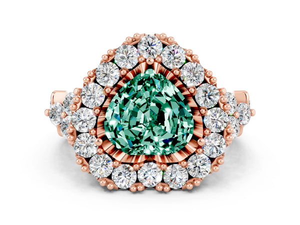 Rose gold Heart Cut Green Sapphire Halo Ring with Pavé Band and Four-Prong Setting